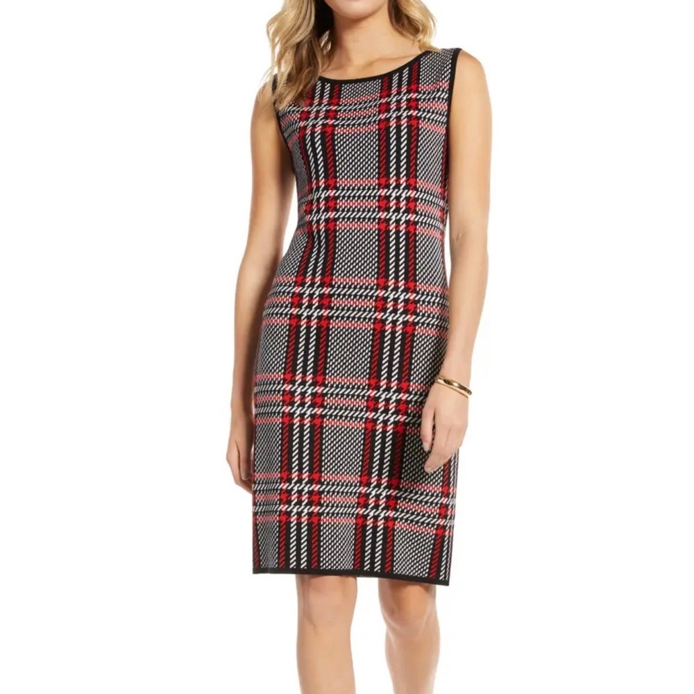 1901 Nordstrom Red Black White Plaid Preppy‎ Dark Academia Knit Sweater Dress LP